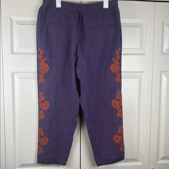 Anthropologie Linen Cropped Elastic Waist Pull-On Embroidered Pants Sz Large - Picture 10 of 14